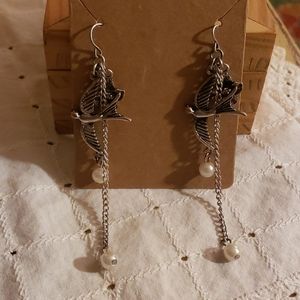 Dove, Flower, and Faux Pearl Dangle Earrings